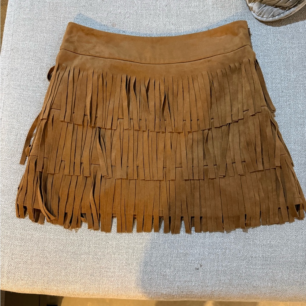 cupcakes & cashmere Suede Fringe Mini Skirt in Cognac Brown